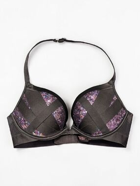 Victoria’s Secret Halter Plunge Push-Up Bra Black Sequin Strappy Glam Whimsigoth